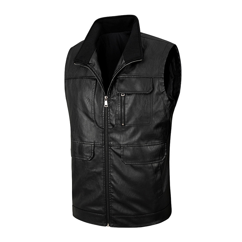 Leather Work Vest For Men - Leren herenvest, dun vest met opstaande